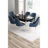 Canisa Tia Serisi 80x132 cm Açılabilir MDF Masa Takımı, Siyah Mermer Desenli, 6 Antrasit Sandalye, Gümüş Detay