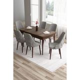 Canisa Tia Serisi 80x132 cm Açılabilir MDF Mutfak Masası Takımı, Barok Desen Masa, 6 Gri Sandalye