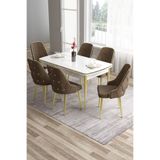 Canisa Tia Serisi 80x132 cm Açılabilir Mutfak Masa Takımı, Beyaz Masa, Kahverengi Sandalye, 6 Kişilik, Gold Detay