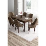 Canisa Tia Serisi 80x132 cm Açılabilir Mutfak Masası ve 6 Kahverengi Sandalye Seti, Barok Ahşap Desen, Gold Detay