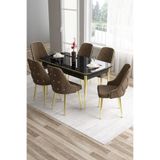 Canisa Tia Serisi 80x132 cm Açılabilir Mutfak Masası ve 6 Kahverengi Sandalye Seti, Siyah Mermer Desen