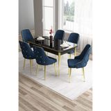 Canisa Tia Serisi 80x132 cm Açılabilir Mutfak Masası ve 6 Lacivert Sandalye Seti, Siyah Mermer Desen
