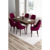 Canisa Tia Serisi 80x132 cm Açılabilir Mutfak Masası ve 6 Mürdüm Sandalye Seti, Barok Ahşap Desen, Gold Detay