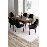 Canisa Tia Serisi 80x132 cm Açılabilir Mutfak Masası ve 6 Siyah Sandalye Seti, Barok Ahşap Desen, Gold Detay
