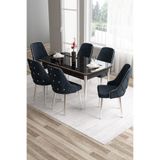 Canisa Tia Serisi 80x132 cm Açılabilir Siyah Mermer Desen Mutfak Masası ve 6 Antrasit Sandalye Seti