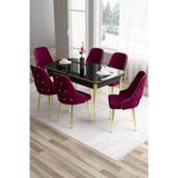 Canisa Tia Serisi 80x132 cm Açılabilir Siyah Mermer Desen Mutfak Masası ve 6 Mürdüm Sandalye Seti