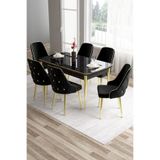 Canisa Tia Serisi 80x132 cm Açılabilir Siyah Mermer Desen Mutfak Masası ve 6 Siyah Sandalye Seti