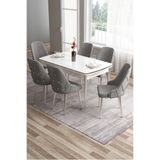 Canisa Tia Serisi 80x132 cm Açılabilir Yemek Odası Takımı, Beyaz Masa, 6 Gri Sandalye, Krom Detay