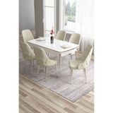 Canisa Tia Serisi 80x132 cm Açılabilir Yemek Odası Takımı, Beyaz Masa, 6 Krem Sandalye, Krom Detay