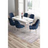 Canisa Tia Serisi 80x132 cm Açılabilir Yemek Odası Takımı, Beyaz Masa, 6 Lacivert Sandalye