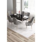 Canisa Tia Serisi 80x132 cm Açılabilir Yemek Odası Takımı, Siyah Mermer Desen Masa, 6 Gri Sandalye