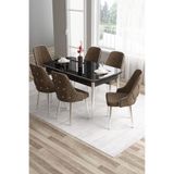 Canisa Tia Serisi 80x132 cm Açılabilir Yemek Odası Takımı, Siyah Mermer Desen Masa, 6 Kahverengi Sandalye