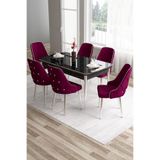 Canisa Tia Serisi 80x132 cm Açılabilir Yemek Odası Takımı, Siyah Mermer Desen Masa, 6 Mürdüm Sandalye