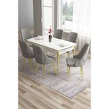 Canisa Tia Serisi 80x132 cm Beyaz Açılabilir MDF Yemek Odası Takımı, 6 Gri Sandalye, Gümüş Detay