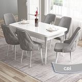 Canisa Tia Serisi Açılabilir 80x132 Beyaz Mdf Mutfak Masası Takımı Ve 6 Gri Sandalye Gümüş Detay