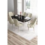 Canisa Tia Serisi Barok Ahşap 80x132 cm Açılabilir Yemek Odası Takımı, Siyah Mermer Desen Masa, Krem Cappuccino Sandalye, 6 Kişilik