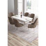 Canisa Tia Serisi Beyaz Masa, 80x132 cm Açılabilir MDF Mutfak Masası, 6 Kahve Sandalye, Gümüş Detay