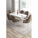 Canisa Tia Serisi, Beyaz Masa,80X132 Açılabilir Mdf Mutfak Masası 6 Kahve Sandalye Gümüş Detay