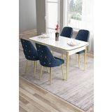Canisa Tia Serisi Mdf 80x132 Açılabilir Beyaz Gold Detay Yemek Masası Takımı Ve 4 Lacivert Sandalye