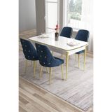 Canisa Tia Serisi MDF 80x132 cm Açılabilir Beyaz Gold Detaylı Yemek Masası Takımı, 4 Lacivert Sandalye