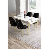 Canisa Tia Serisi MDF 80x132 cm Açılabilir Beyaz Gold Detaylı Yemek Masası Takımı, 4 Siyah Sandalye