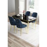 Canisa Tia Serisi, Siyah Mermer 80X132 Açılabilir Mdf Yemek Odası Takımı 4 Lacivert Sandalye Gold Detay