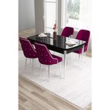 Canisa Tia Serisi Siyah Mermer 80x132 cm Açılabilir MDF Yemek Odası Takımı, 4 Mürdüm Sandalye, Gümüş Detay