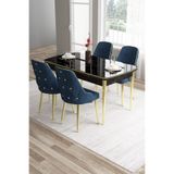 Canisa Tia Serisi Siyah Mermer 80x132 cm Açılabilir Yemek Odası Takımı, 4 Lacivert Sandalye, Gold Detay