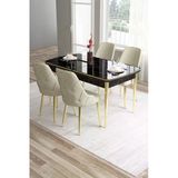 Canisa Tia Serisi, Siyah Mermer Desen 80X132 Açılabilir Mdf Yemek Odası Takımı 4 Krem Sandalye Gold Detay
