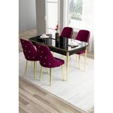 Canisa Tia Serisi, Siyah Mermer Desen 80X132 Açılabilir Mdf Yemek Odası Takımı 4 Mürdüm Sandalye Gold Detay