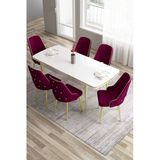 Canisa Tia Serisi, Siyah Mermer Desen 80x132 Açılabilir Mdf Yemek Odası Takımı 6 Mürdüm Sandalye Gold Detay