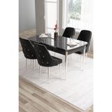 Canisa Tia Serisi Siyah Mermer Desen 80x132 cm Açılabilir Yemek Odası Takımı, 4 Siyah Sandalye, Gümüş Detay