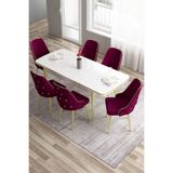 Canisa Tia Serisi Yemek Odası Takımı, 80x132 cm Açılabilir Masa, 6 Mürdüm Sandalye, Gold Detay