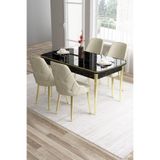 Canisa Tia Serisi Yemek Odası Takımı, Siyah Mermer Desen 80x132 cm Açılabilir Masa, 4 Krem Sandalye, Gold Detay