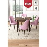 Canisa Tor Serisi Mdf Yuvarlak 90x90 Barok Ahşap Desenli Sabit Masa Takımı Ve 4 Pembe Sandalye Kahverengi