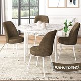 Canisa Tor Serisi Yuvarlak Mutfak Masa Takımı Beyaz Mermer Desen Masa ve 4 Kahverengi Sandalye