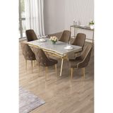 Canisa Vae Serisi 90x160 cm Beyaz Mermer Desen Gold Ayaklı Masa Takımı, 6 Kahve Sandalye