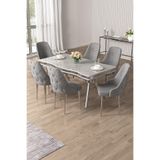 Canisa Vae Serisi 90x160 cm Beyaz Mermer Desen Masa, 6 Gri Sandalye, Krom Ayak