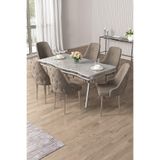 Canisa Vae Serisi 90x160 cm Beyaz Mermer Desen Masa Takımı, 6 Cappucino Sandalye, Krom Ayak