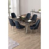 Canisa Vae Serisi 90x160 cm Lak Panel Antrasit İroni Krom Ayak Masa Takımı, 6 Antrasit Sandalye