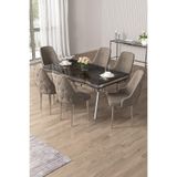 Canisa Vae Serisi 90x160 cm Lak Panel Antrasit İroni Krom Ayak Masa Takımı, 6 Cappucino Sandalye