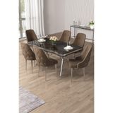 Canisa Vae Serisi 90x160 cm Lak Panel Antrasit İroni Krom Ayak Masa Takımı, 6 Kahve Sandalye