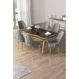 Canisa Vae Serisi 90x160 cm Lak Panel Antrasit Masa, Gold Ayak, 6 Gri Sandalye Takımı