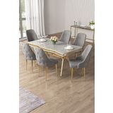 Canisa Vae Serisi 90x160 Lak Panel Beyaz Mermer Desen Gold Ayak Masa Takımı 6 Gri Sandalye