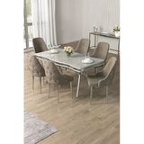 Canisa Vae Serisi 90X160 Lak Panel Beyaz Mermer Desen Krom Ayak Masa Takımı 6 Cappucino Sandalye