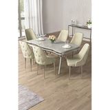Canisa Vae Serisi 90X160 Lak Panel Beyaz Mermer Desen Krom Ayak Masa Takımı 6 Krem Sandalye