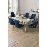 Canisa Vae Serisi 90X160 Lak Panel Beyaz Mermer Desen Krom Ayak Masa Takımı 6 Lacivert Sandalye