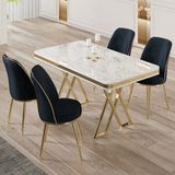 Canisa Vals Serisi 80 x 130 Lak Panel Beyaz Mermer Desen Gold Ayak Masa Takımı ve 4 Antrasit Sandalye - 80X130