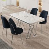 Canisa Vals Serisi 80 x 130 Lak Panel Beyaz Mermer Desen Krom Ayak Masa Takımı ve 4 Antrasit Sandalye - 80x130