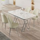 Canisa Vals Serisi 80 x 130 Lak Panel Beyaz Mermer Desen Krom Ayak Masa Takımı ve 4 Krem Sandalye - 80x130
